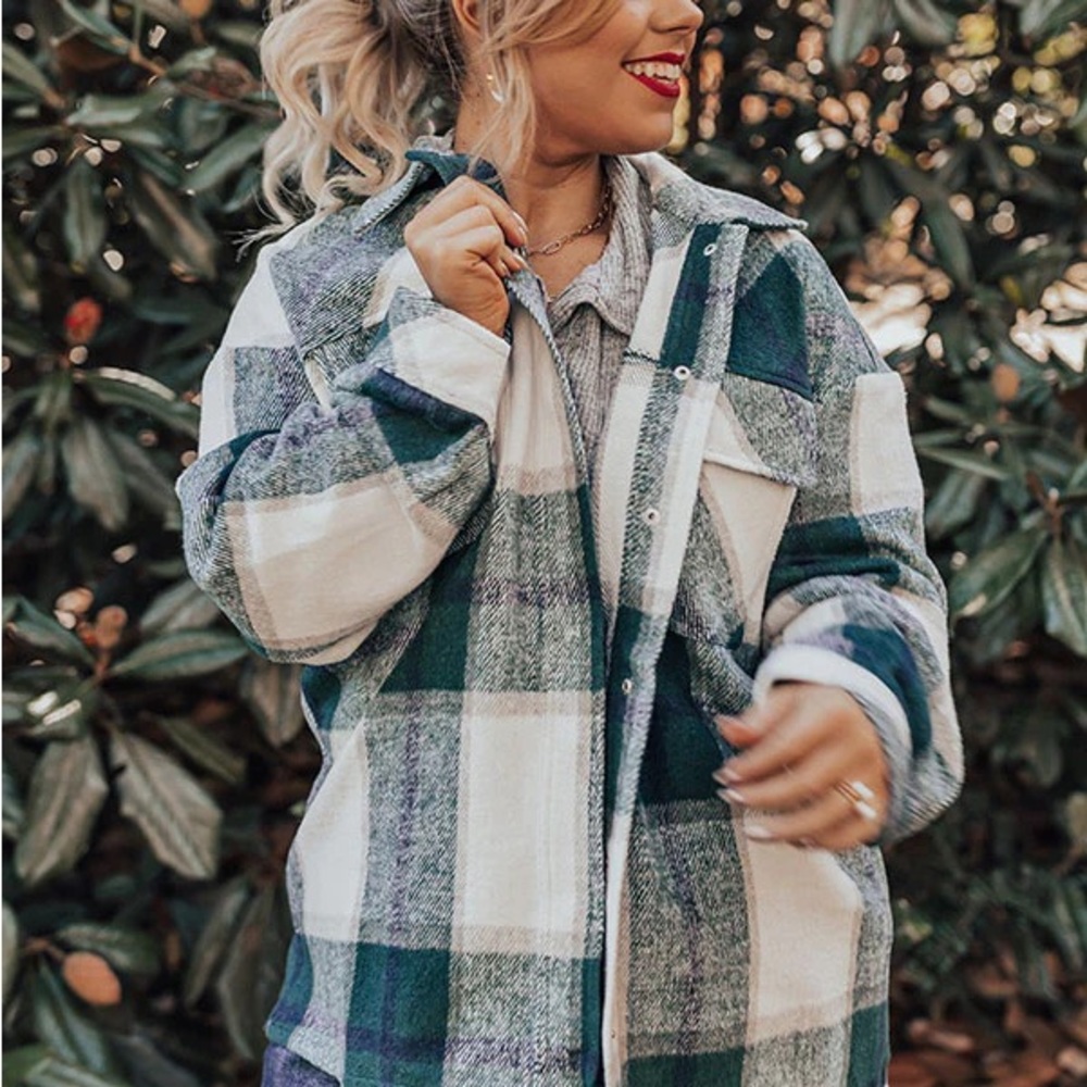 Plaids shacket women oversized jacket cardigan button front - Picture 2 of 6